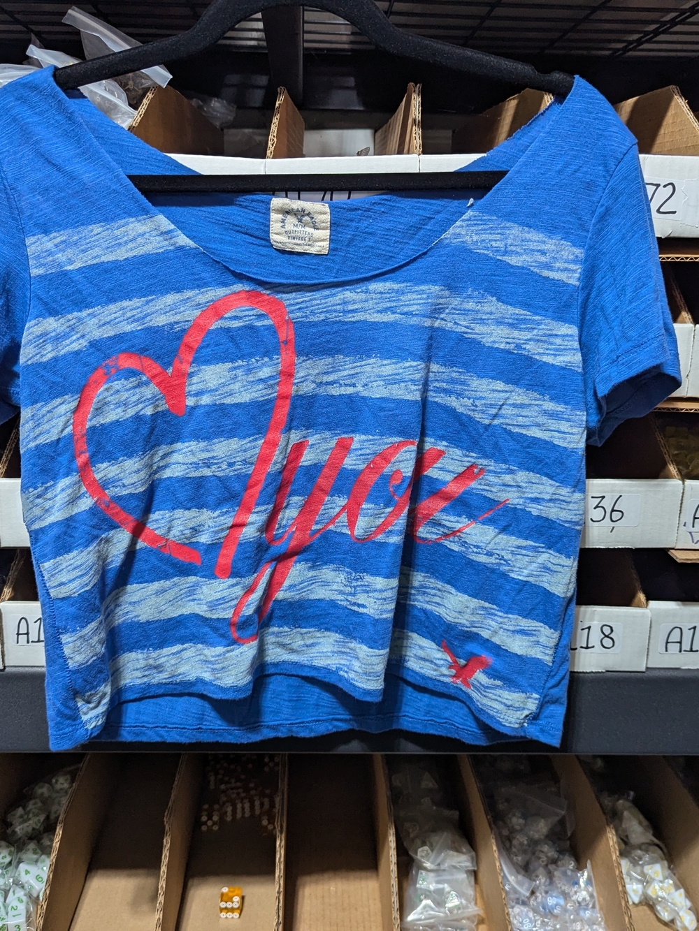 American Eagle Outfitters Blue Striped Tee with Red Heart Script M